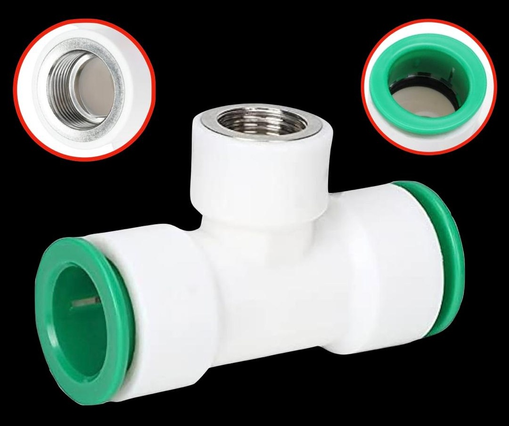 TEE PLÁSTICA DE 3/4" X 1/2" DE DIÁMETROS CON CONECTOR RÁPIDO EN DOS EXTREMOS Y ROSCA HEMBRA EN EL OTRO