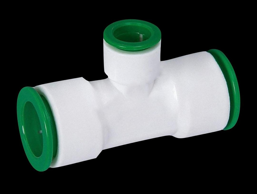 TEE PLÁSTICA REDUCIDA DE 3/4" X 1/2" DE DIÁMETROS CON CONECTOR RÁPIDO EN TODOS SUS EXTREMOS