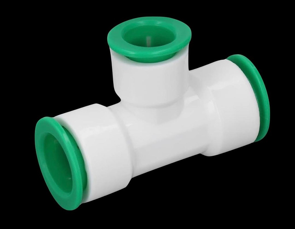 TEE PLÁSTICA DE 1/2" DE DIÁMETRO CON CONECTOR RÁPIDO EN TODOS SUS EXTREMOS