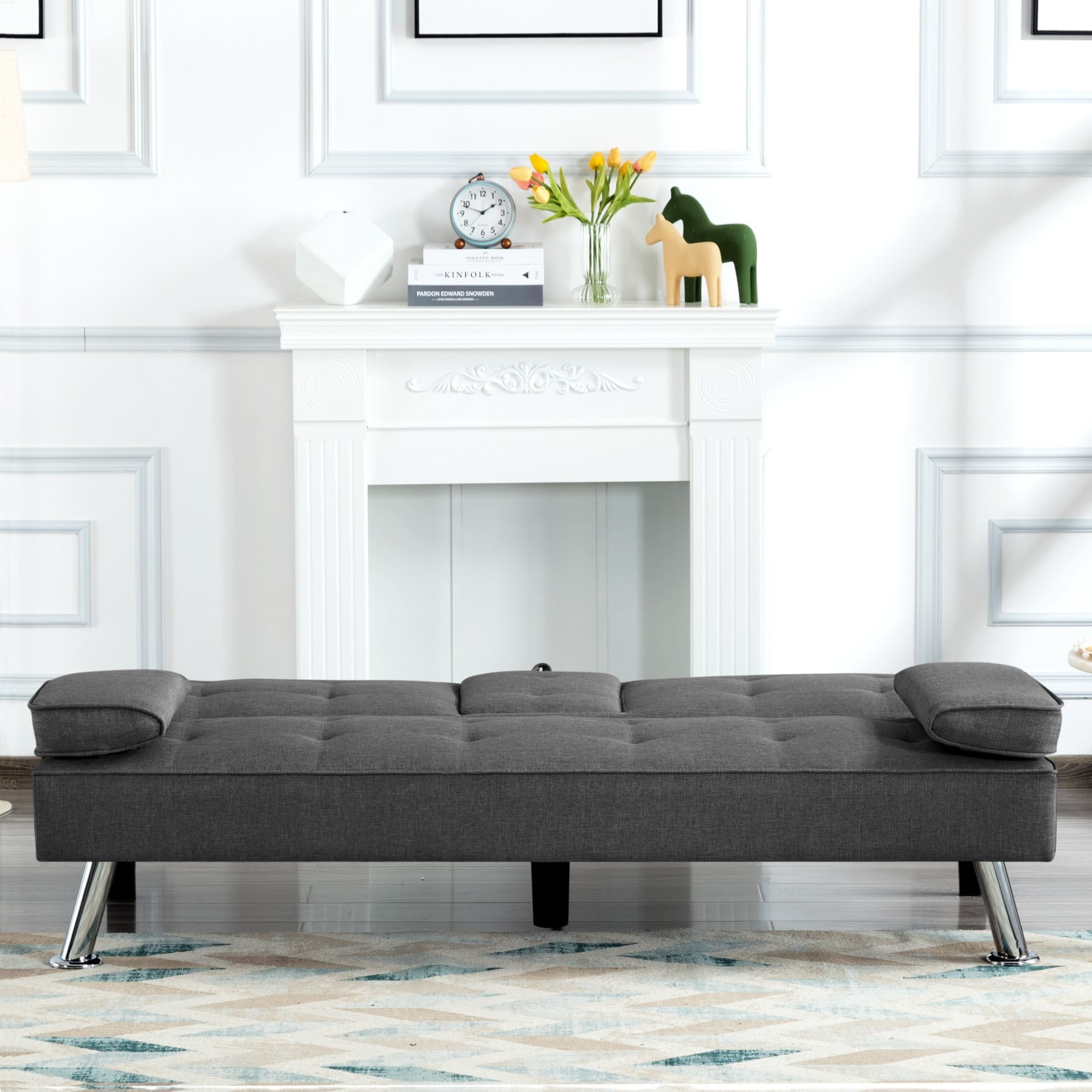 Sofá cama futón Gewnee, moderno sofá cama de poliéster, convertible, plegable, reclinable, mueble de sala de estar con 2 portavasos para habitación de invitados.