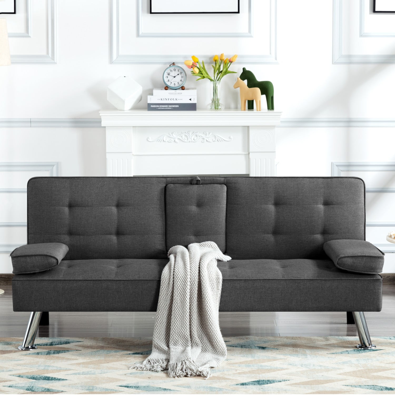 Sofá cama futón Gewnee, moderno sofá cama de poliéster, convertible, plegable, reclinable, mueble de sala de estar con 2 portavasos para habitación de invitados.