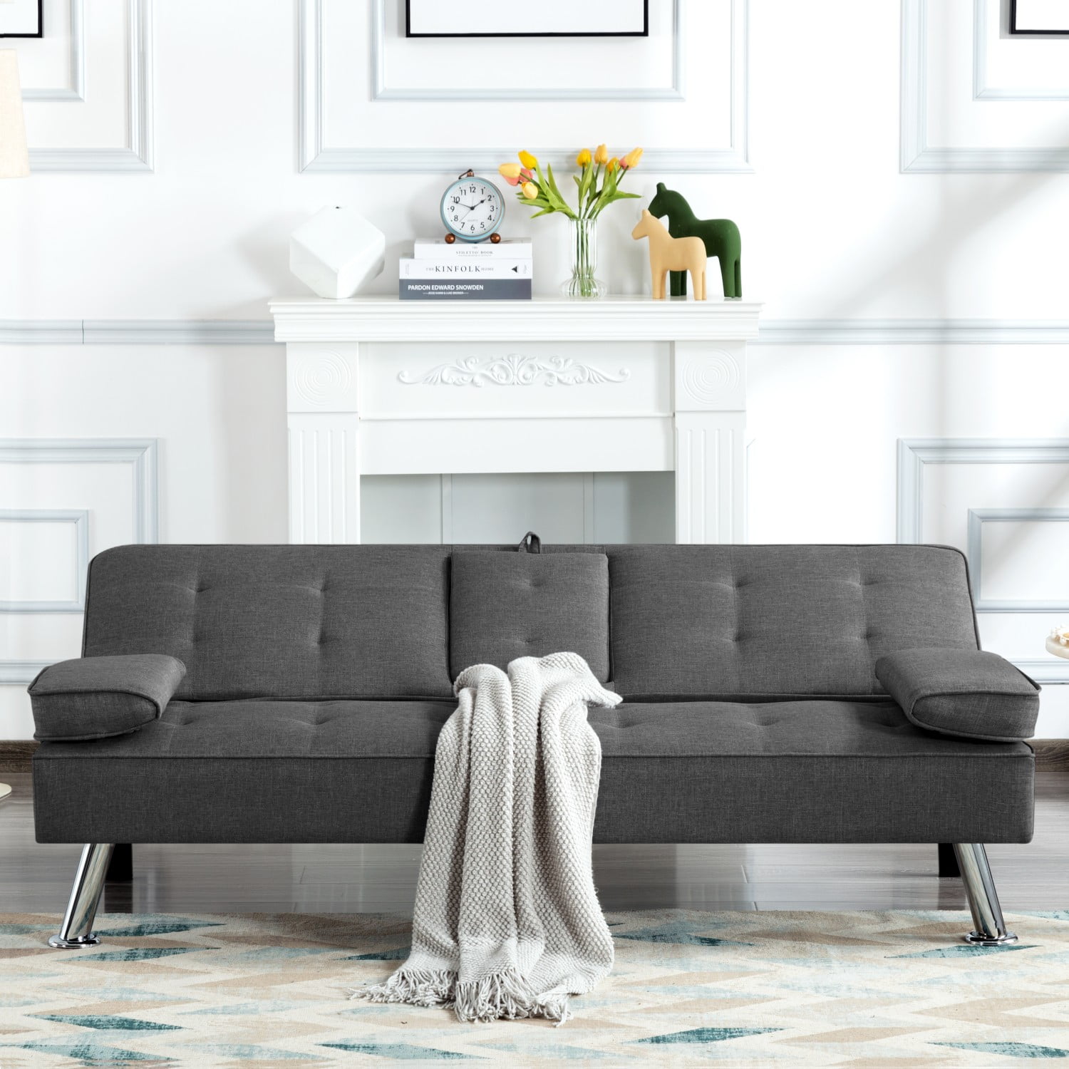 Sofá cama futón Gewnee, moderno sofá cama de poliéster, convertible, plegable, reclinable, mueble de sala de estar con 2 portavasos para habitación de invitados.