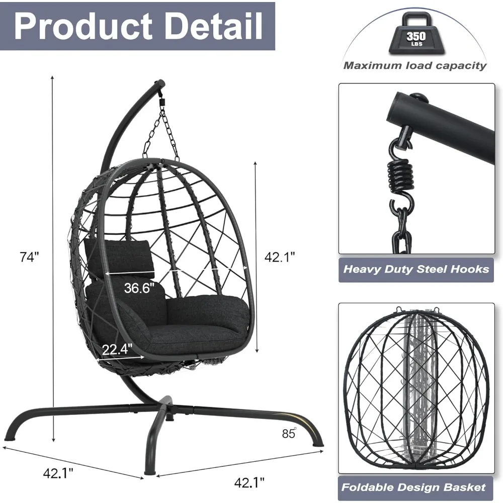 Silla colgante para huevos con soporte, columpio de mimbre para Patio, hamaca, silla para huevos para interiores y exteriores, capacidad de 400 libras con espesa