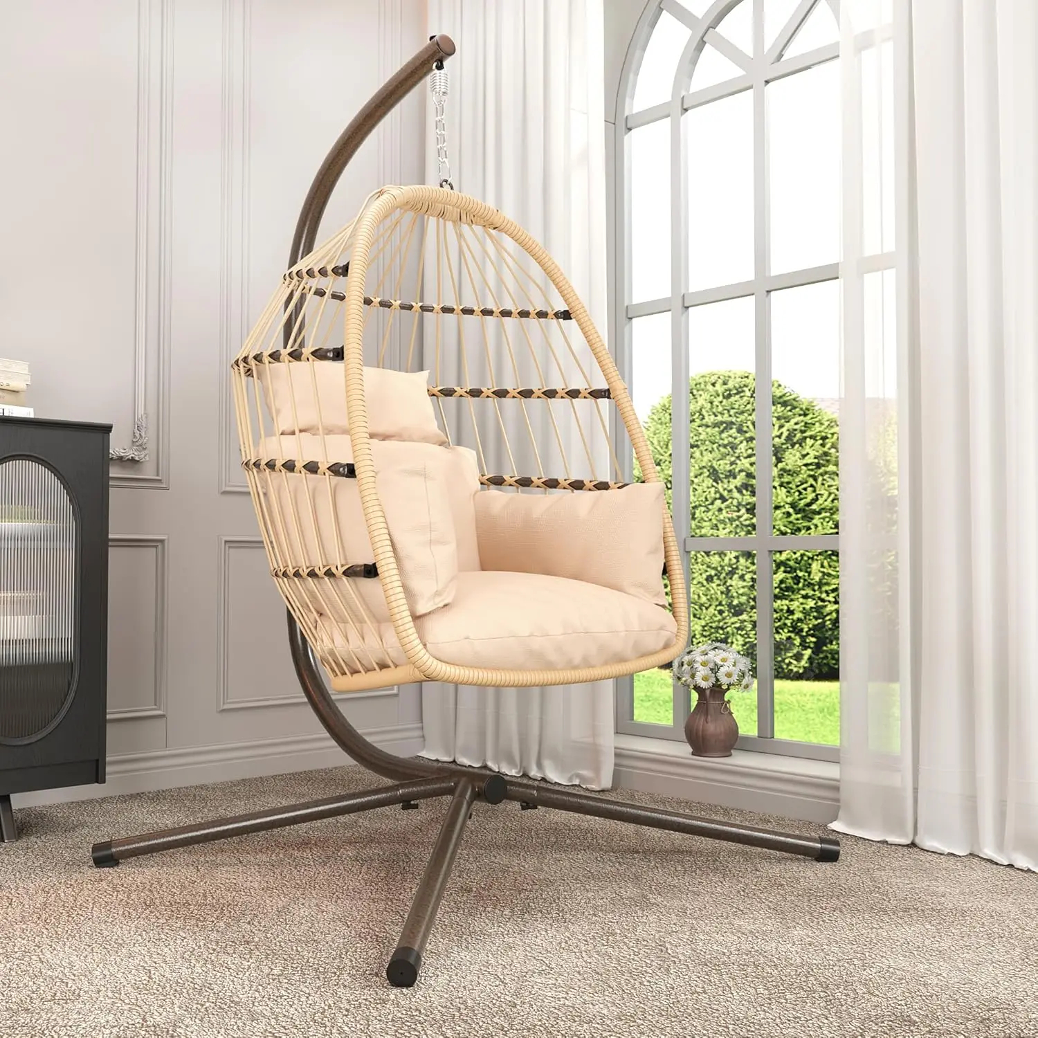 Silla colgante para huevos con soporte, columpio de mimbre para Patio, hamaca, silla para huevos para interiores y exteriores, capacidad de 400 libras con espesa