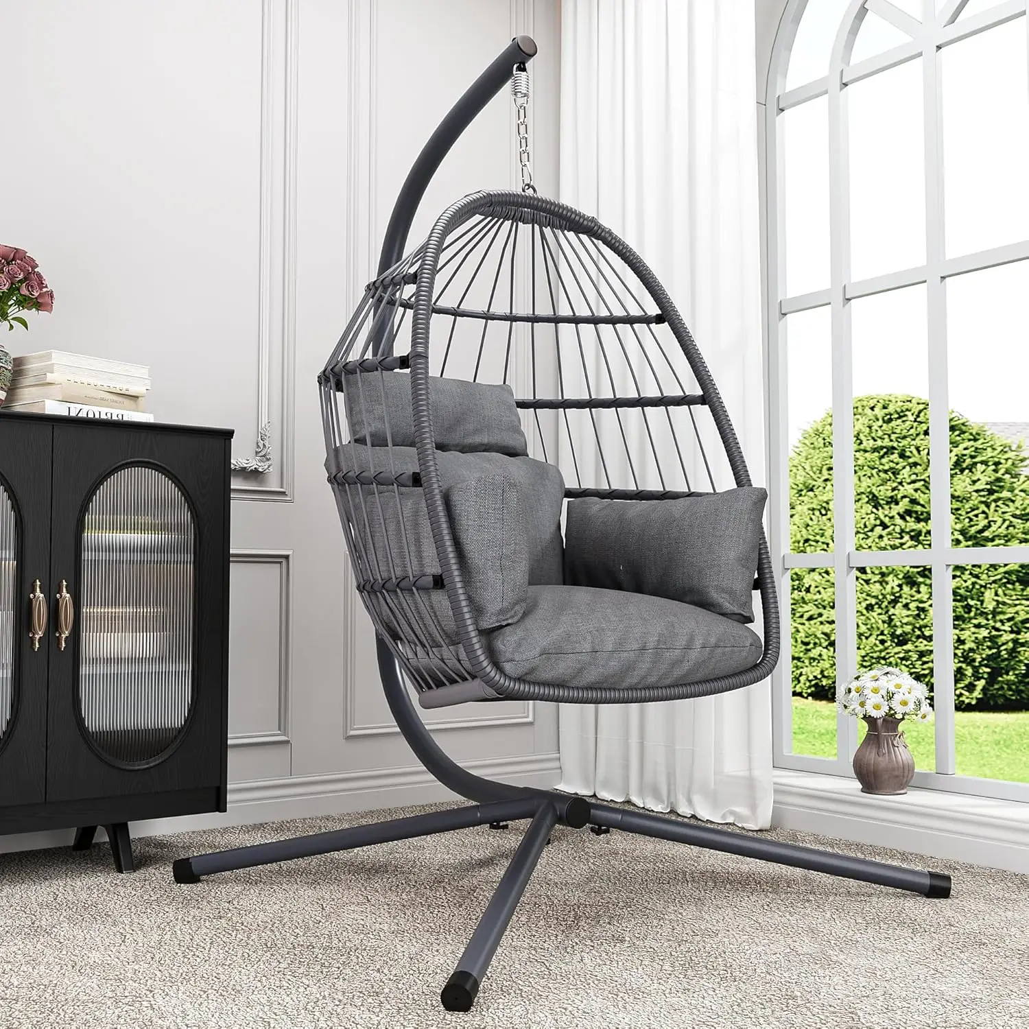 Silla colgante para huevos con soporte, columpio de mimbre para Patio, hamaca, silla para huevos para interiores y exteriores, capacidad de 400 libras con espesa