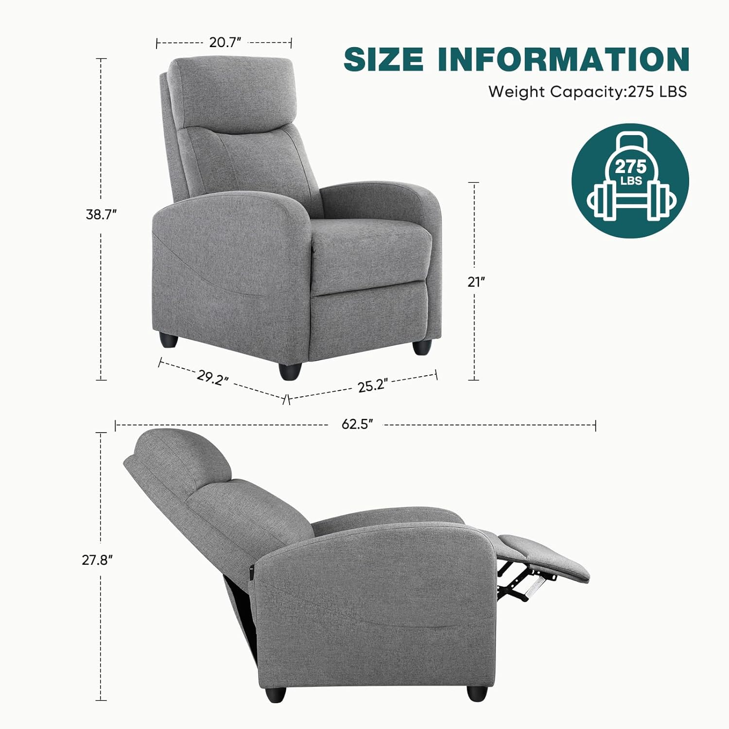 Silla reclinable para sala de estar con respaldo ajustable y reposapiés.