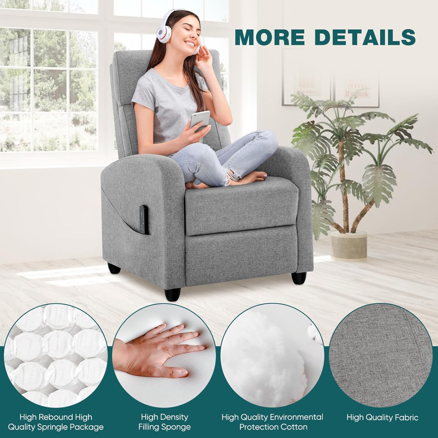 Silla reclinable para sala de estar con respaldo ajustable y reposapiés.