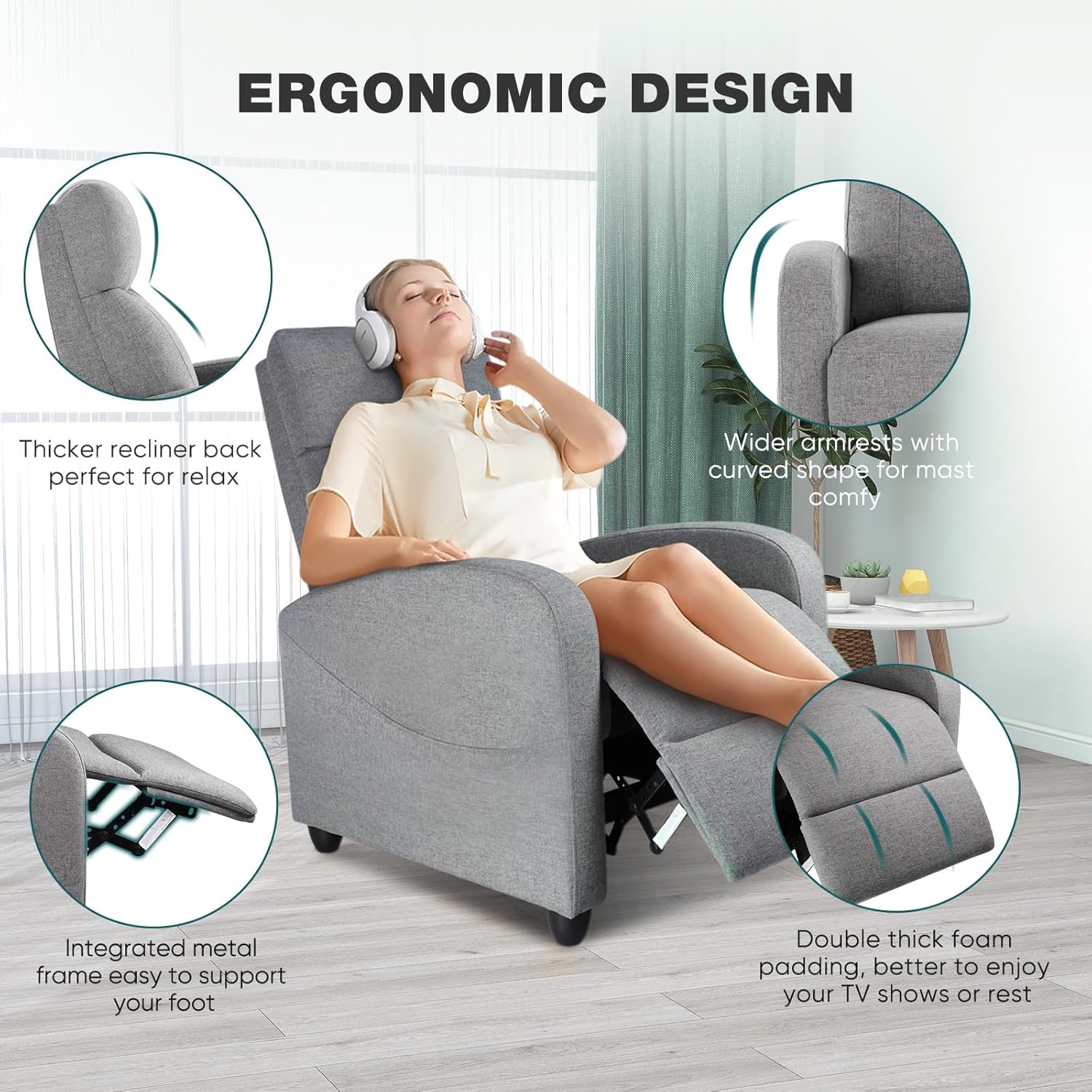 Silla reclinable para sala de estar con respaldo ajustable y reposapiés.
