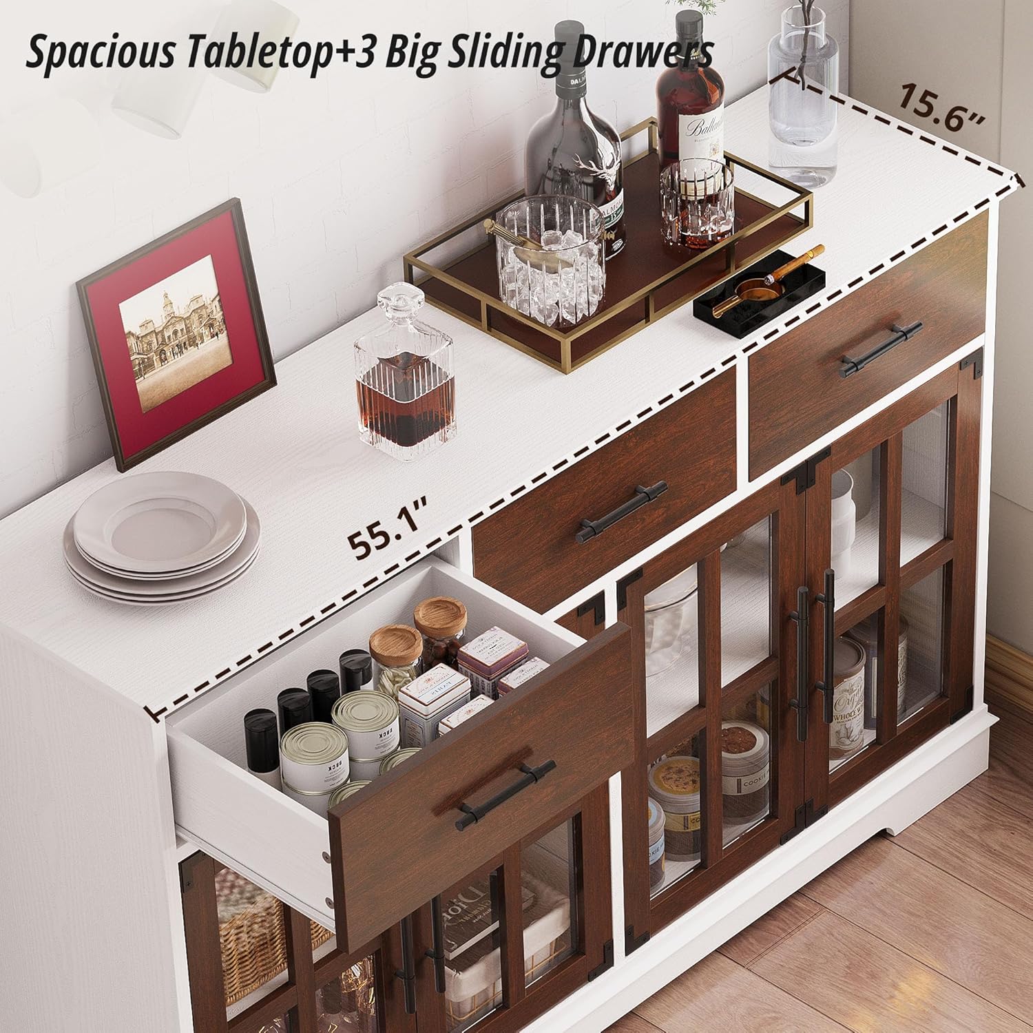 Aparador Amplio de madera color nogal. 55" más luces leds y cristales.