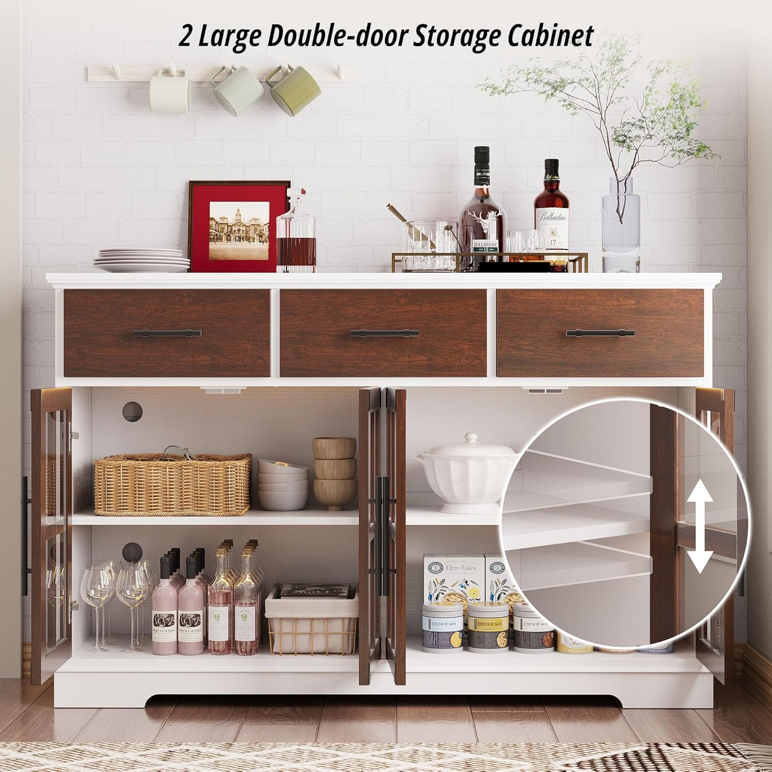 Aparador Amplio de madera color nogal. 55" más luces leds y cristales.