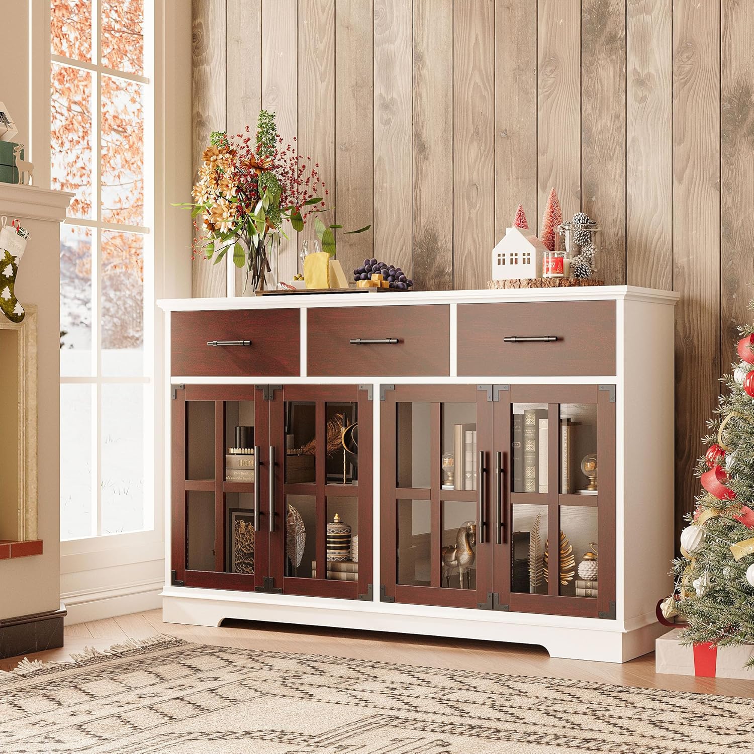 Aparador Amplio de madera color nogal. 55" más luces leds y cristales.