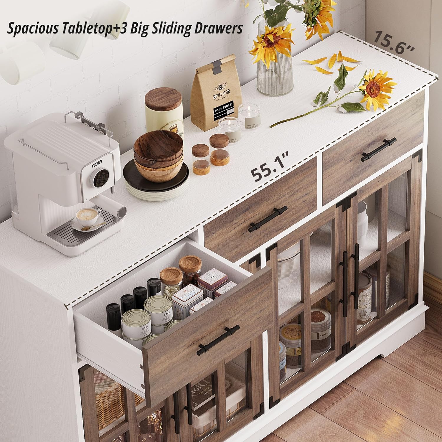 Aparador Amplio de madera color nogal. 55" más luces leds y cristales.