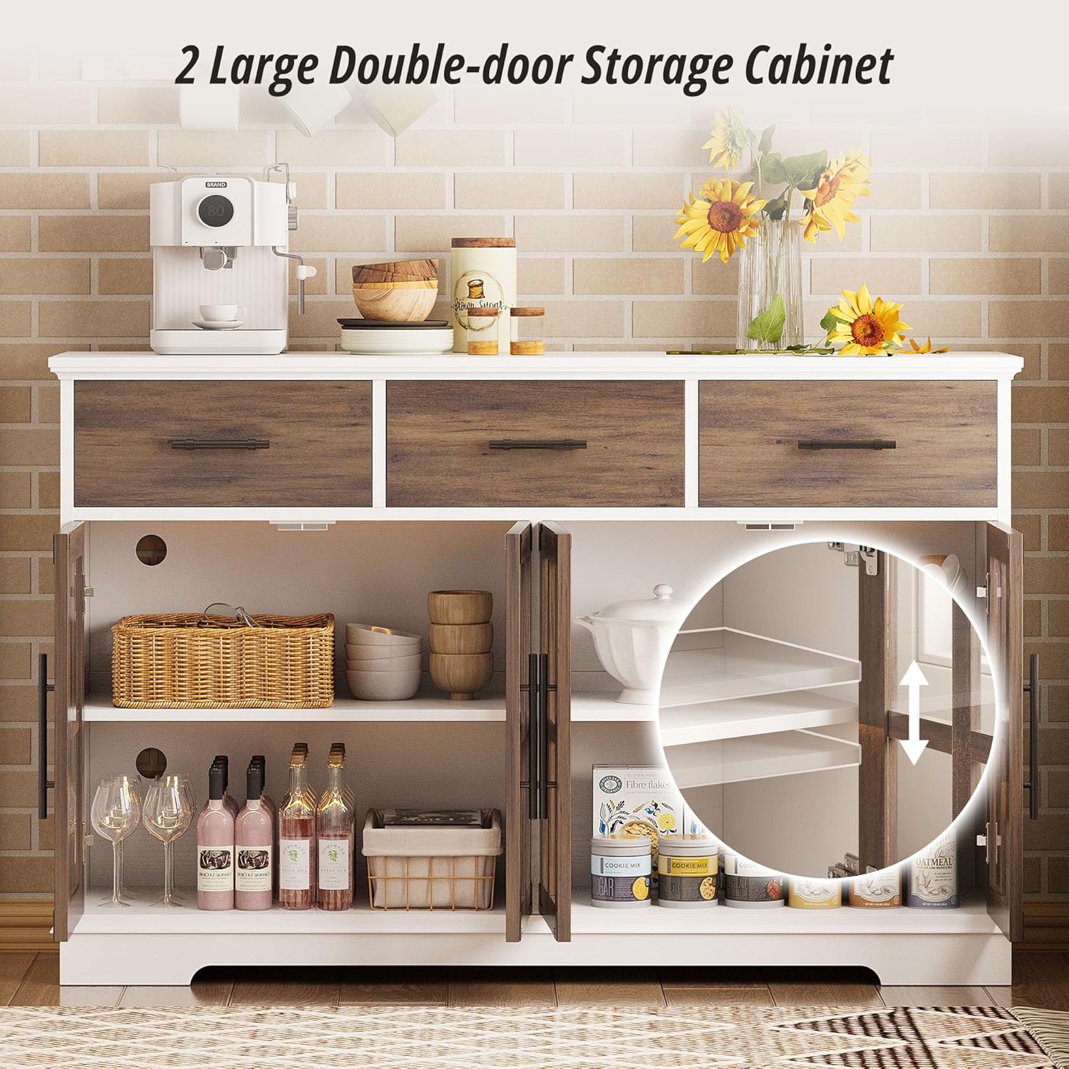 Aparador Amplio de madera color nogal. 55" más luces leds y cristales.