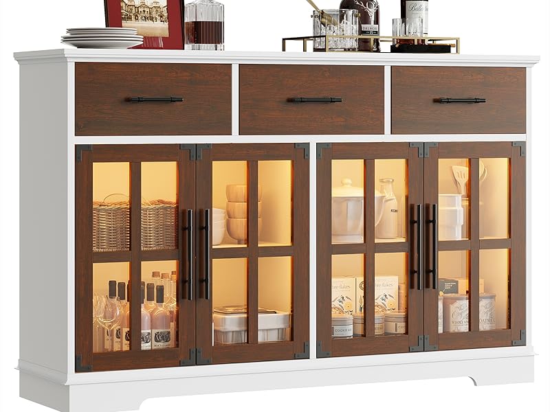 Aparador Amplio de madera color nogal. 55" más luces leds y cristales.