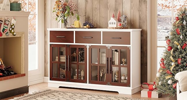 Aparador Amplio de madera color nogal. 55" más luces leds y cristales.