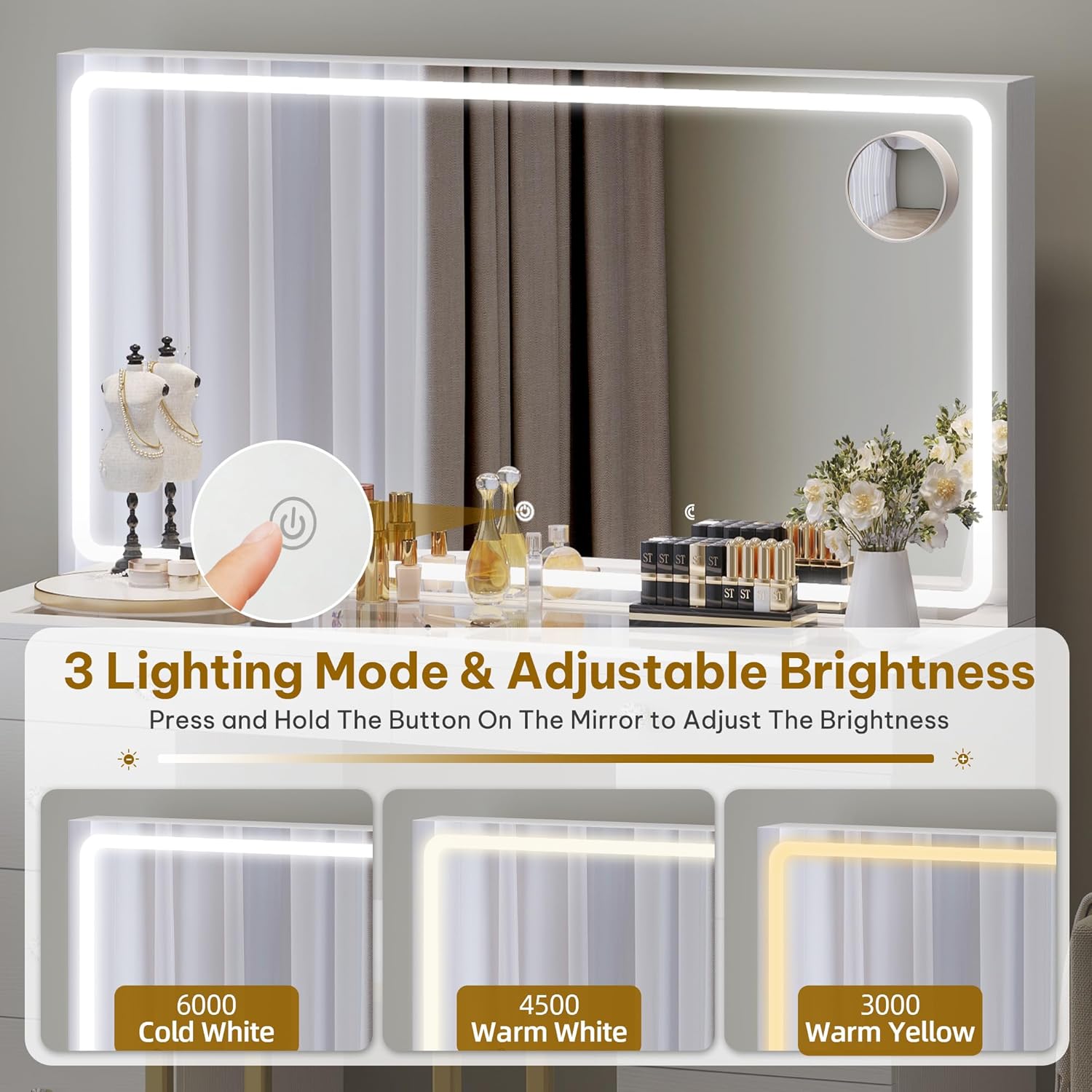 VANITY con espejo LED ancho, toma de corriente y lupa, 8 gavetas, 3 colores de iluminacion