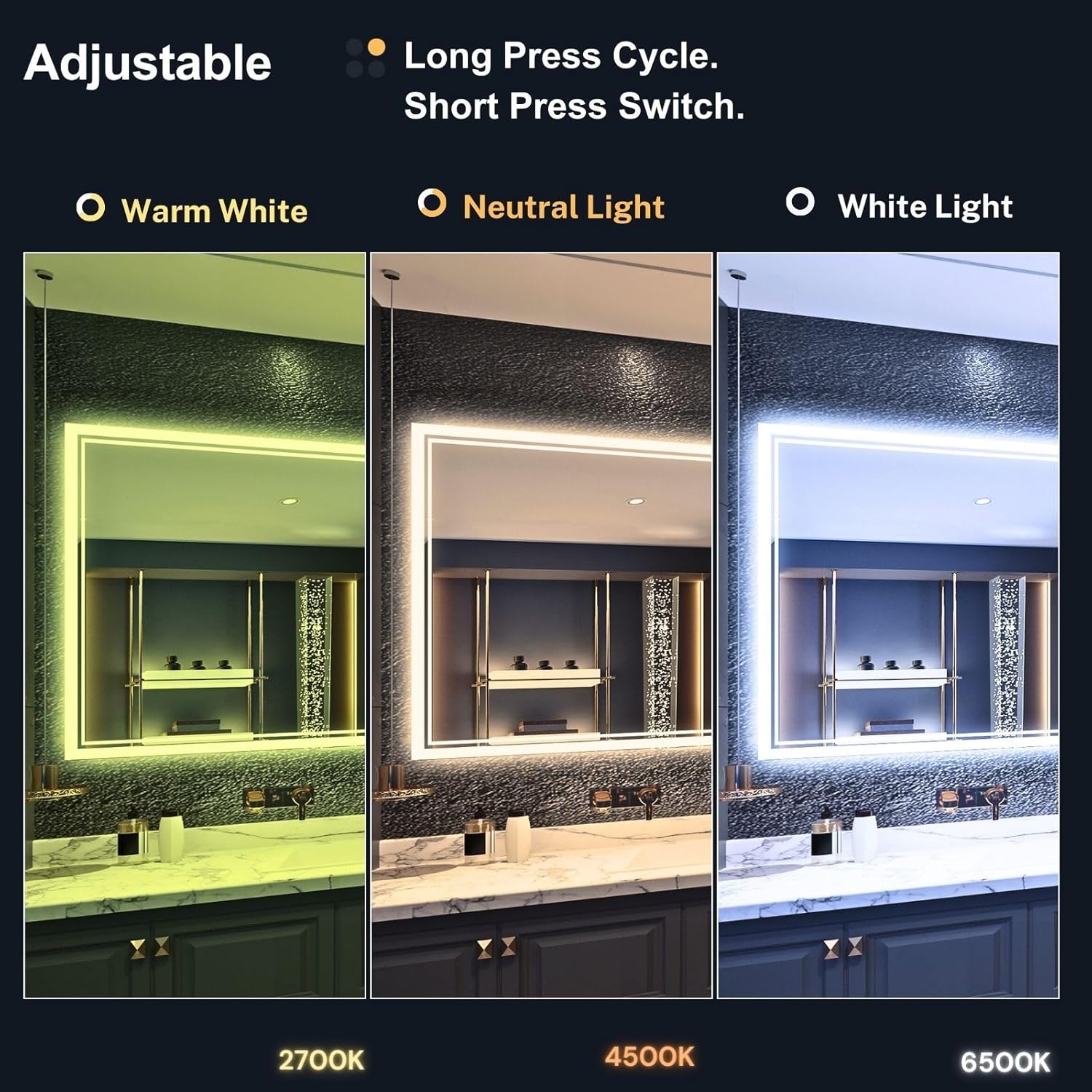 Espejo Led de Baño 24"x 32", 3 Colors Vanity Espejo para Uso Horizontal o Vertical