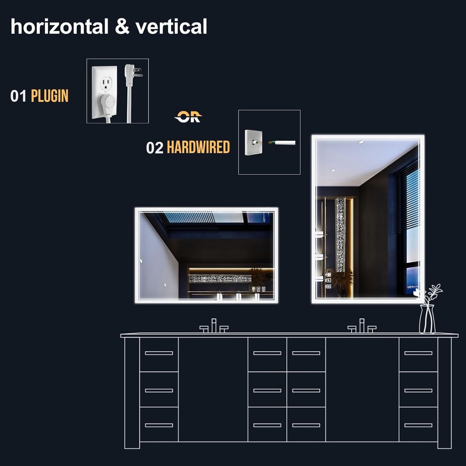 Espejo Led de Baño 24"x 32", 3 Colors Vanity Espejo para Uso Horizontal o Vertical
