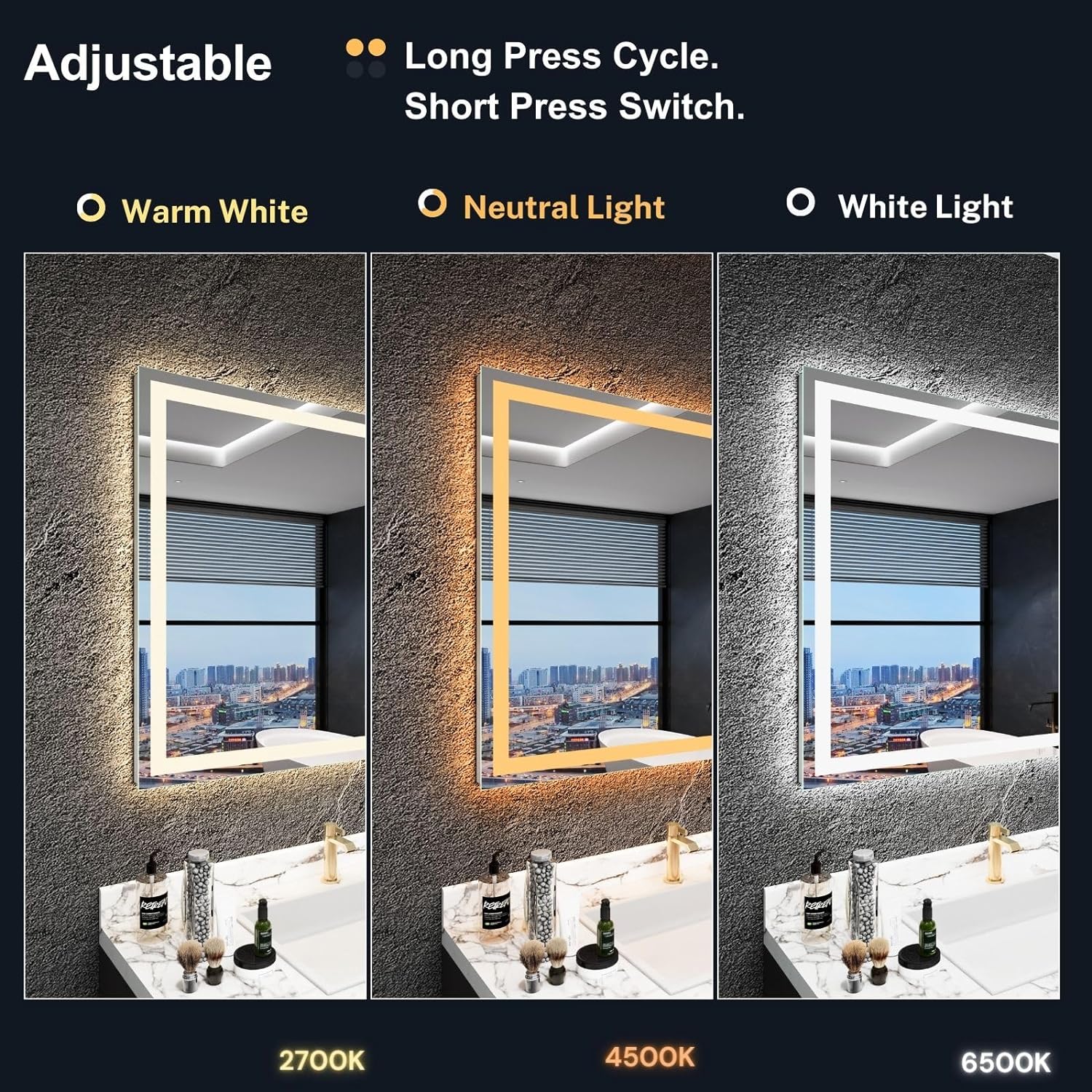 Bathroom LED Mirror 28"x 36", Front Lit and Backlit Bathroom Mirror with Lights,Stepless Dimmable,Anti-Fog, Shatter-Proof, Memory, 3 Colors Smart Mirror Bathroom (Horizontal/Vertical)