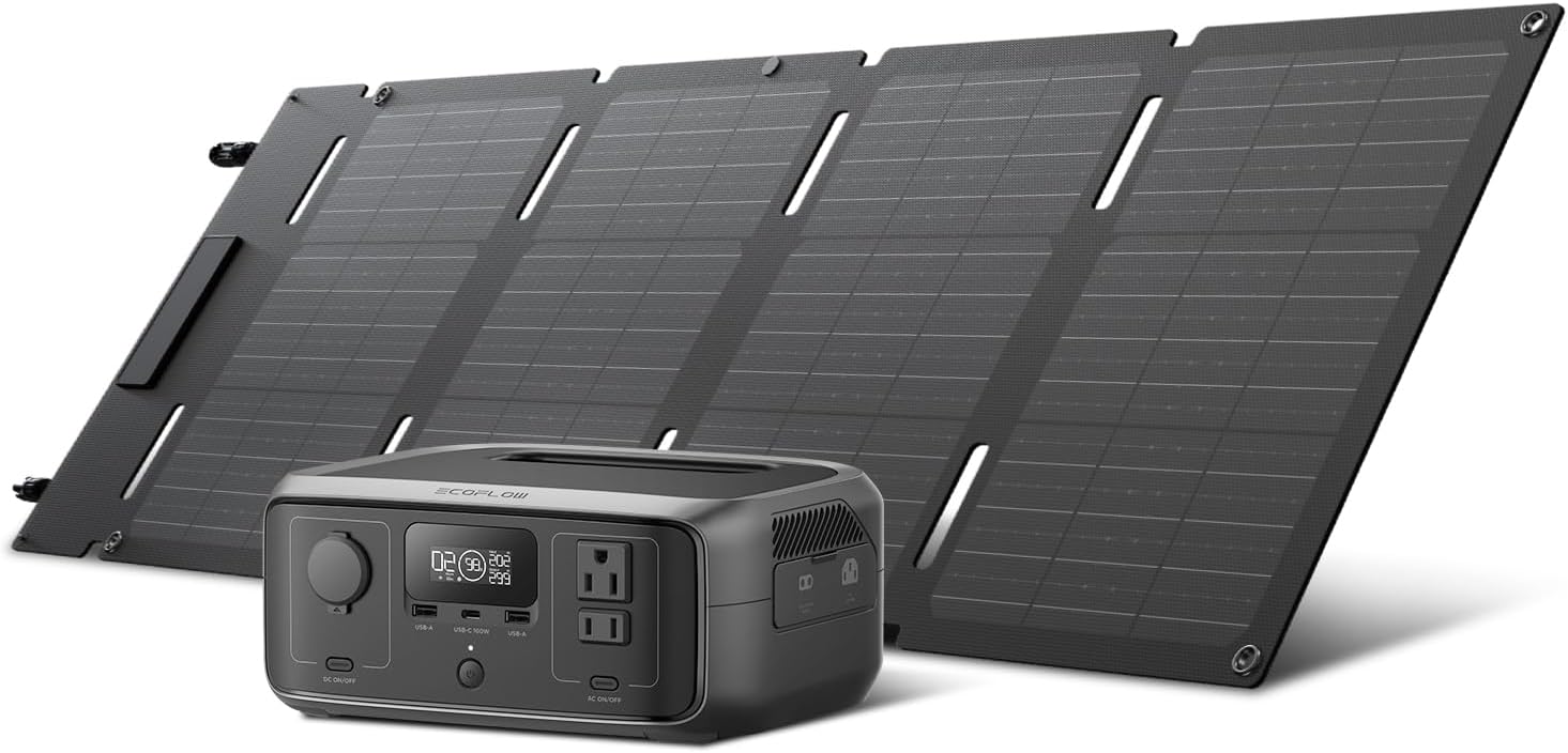 EF ECOFLOW Generador solar RIVER 3 con panel solar de 45 W, estación de energía portátil de 245 Wh, batería LiFePO4 de 300 W hasta 600 W de salida de CA, <20 MS UPS