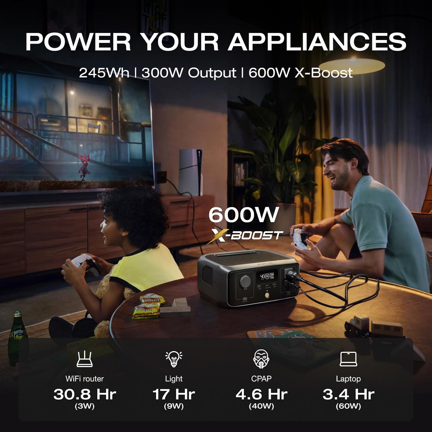 EF ECOFLOW Generador solar RIVER 3 con panel solar de 45 W, estación de energía portátil de 245 Wh, batería LiFePO4 de 300 W hasta 600 W de salida de CA, <20 MS UPS