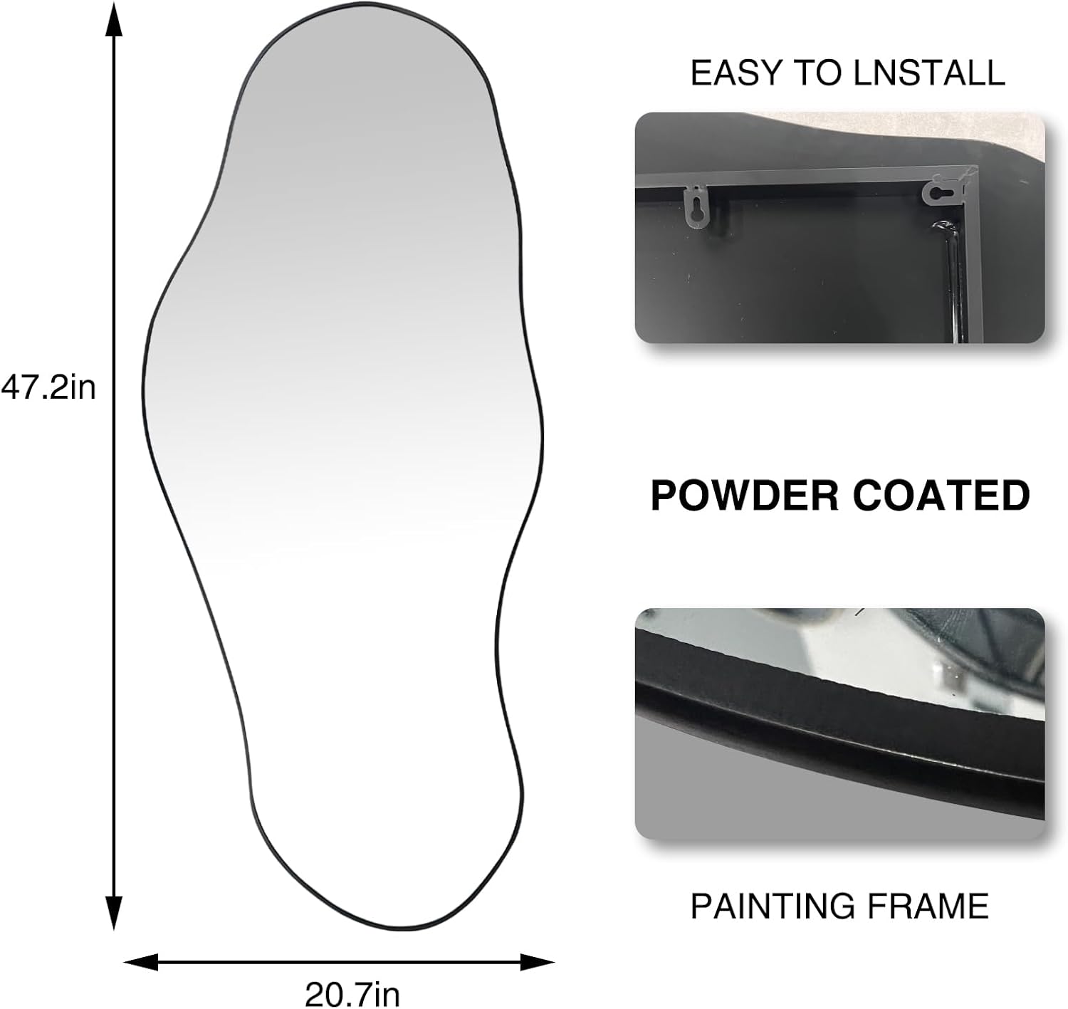 Espejo grande irregular, espejo oblongo, asimétrico de 47.2 x 21.4 pulgadas, espejo orgánico en forma de nube grande, espejo decorativo ondulado moderno para sala de estar, baño,