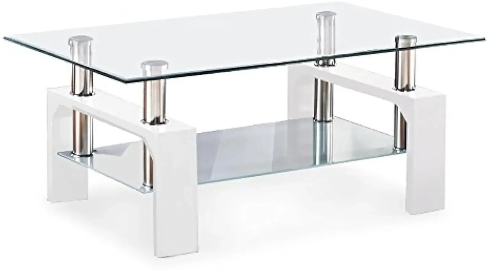 Mesa de centro rectangular de vidrio, mesa de centro lateral moderna blanca con estante inferior, patas de metal