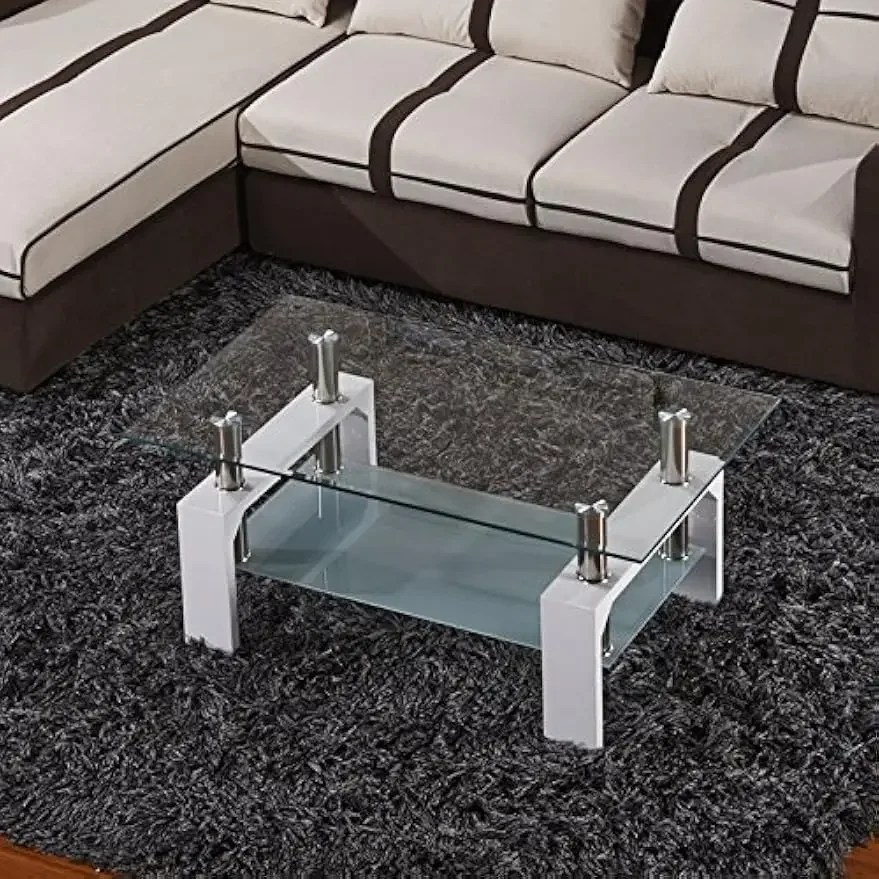 Mesa de centro rectangular de vidrio, mesa de centro lateral moderna blanca con estante inferior, patas de metal