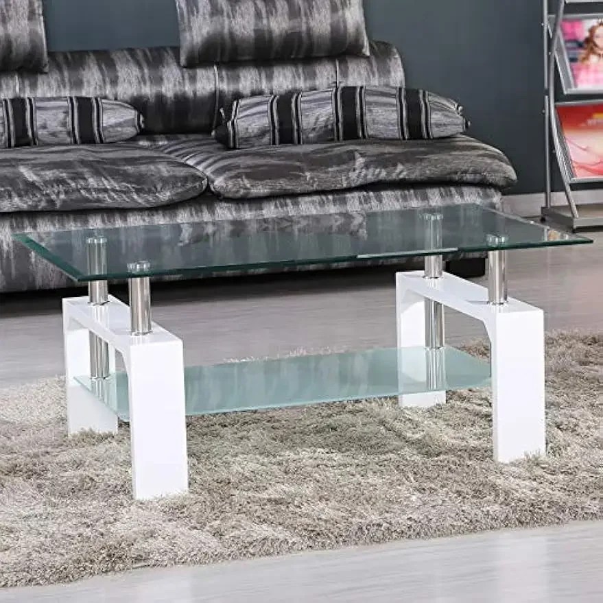 Mesa de centro rectangular de vidrio, mesa de centro lateral moderna blanca con estante inferior, patas de metal
