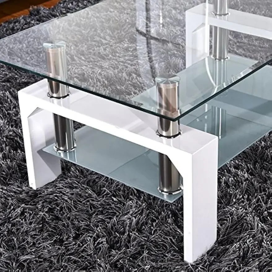 Mesa de centro rectangular de vidrio, mesa de centro lateral moderna blanca con estante inferior, patas de metal