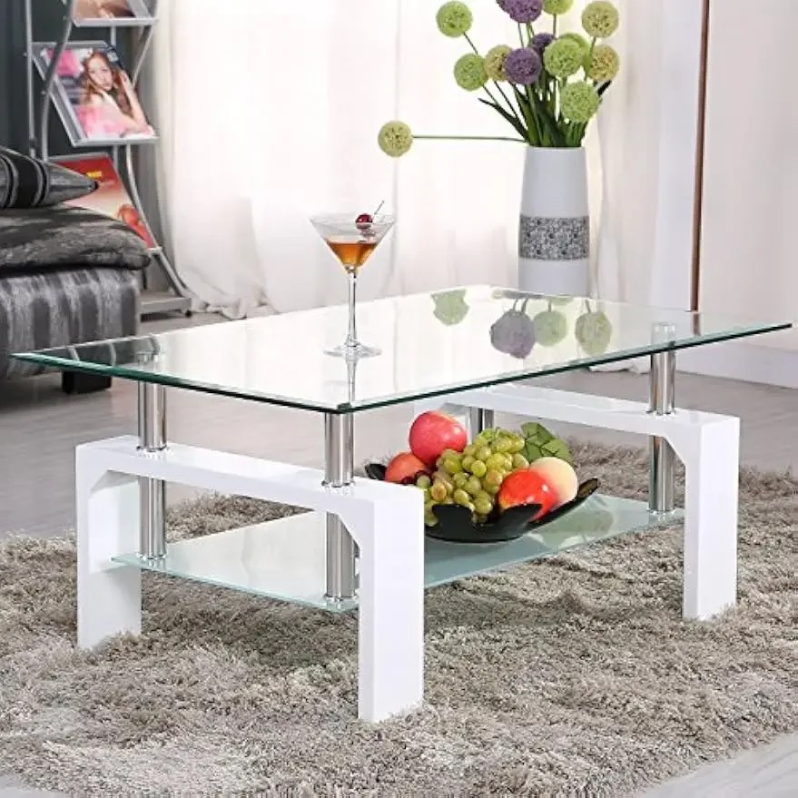 Mesa de centro rectangular de vidrio, mesa de centro lateral moderna blanca con estante inferior, patas de metal