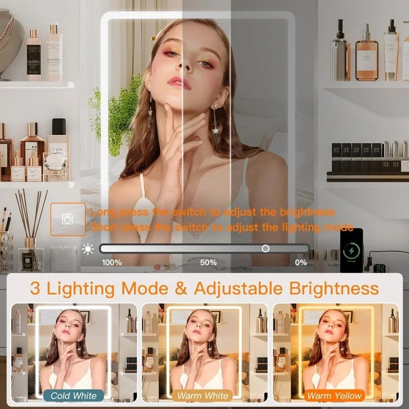 Escritorio de tocador de 65,9 pulgadas con espejo iluminado por LED; toma de corriente, mesa de tocador de maquillaje de esquina moderna 8 cajones; Estantería abierta, tocador.