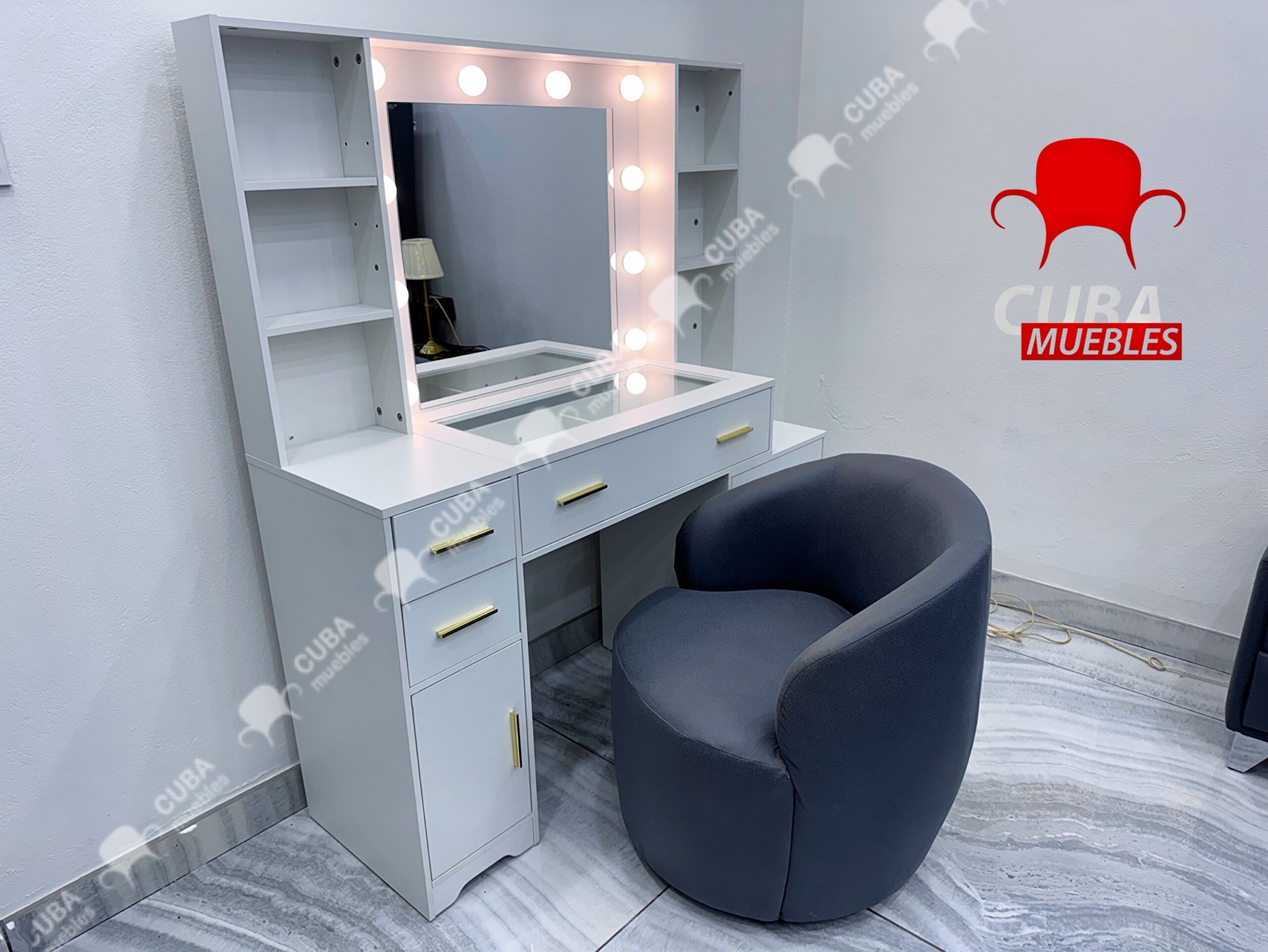 Vanity - Escritorio de tocador grande de 48,8 pulgadas con espejo iluminado y toma de corriente.