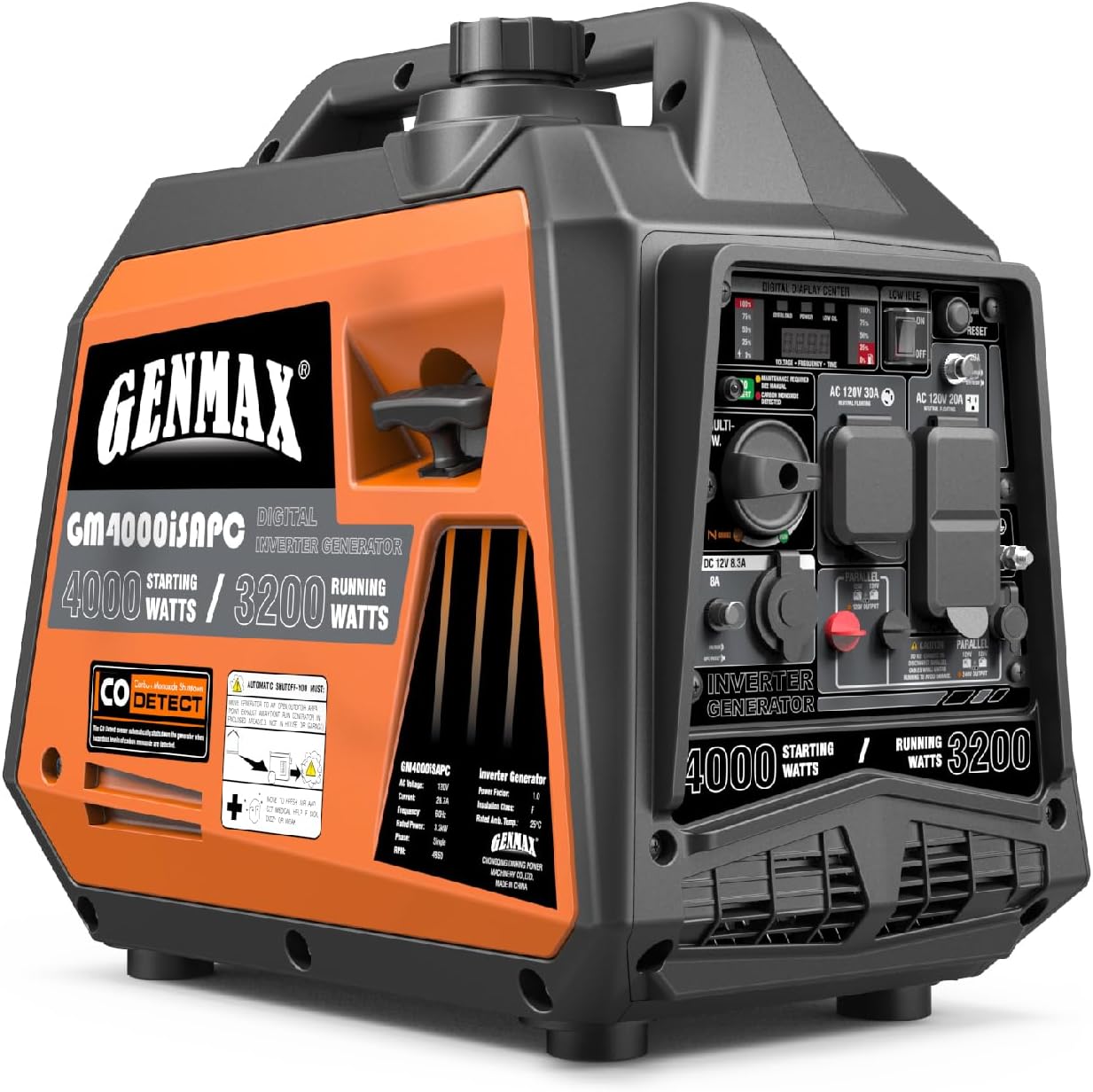 Generador portátil GENMAX, motor ultrasilencioso de 4000 W de 145 cc y listo para serie y paralelo, compatible con EPA y CARB, función de modo ecológico, ultraligero para