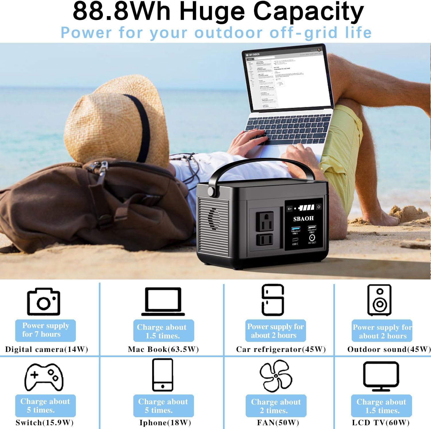 Estación de energía portátil 88.8WH, generador solar de batería de litio de 110 V CA USB-C generadores solares para camping, viajes por carretera, emergencia