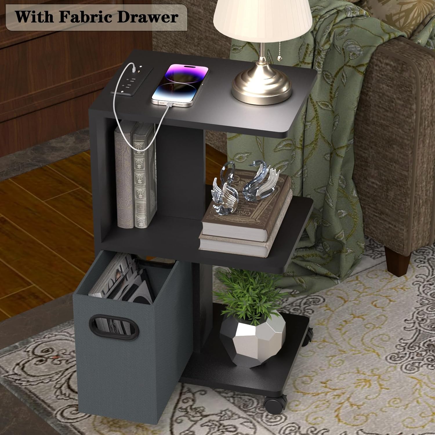 Mesita de noche/mesita de noche pequeña para espacios pequeños, mesa auxiliar LED con estación de carga, mesa auxiliar enrollable para sala de estar...