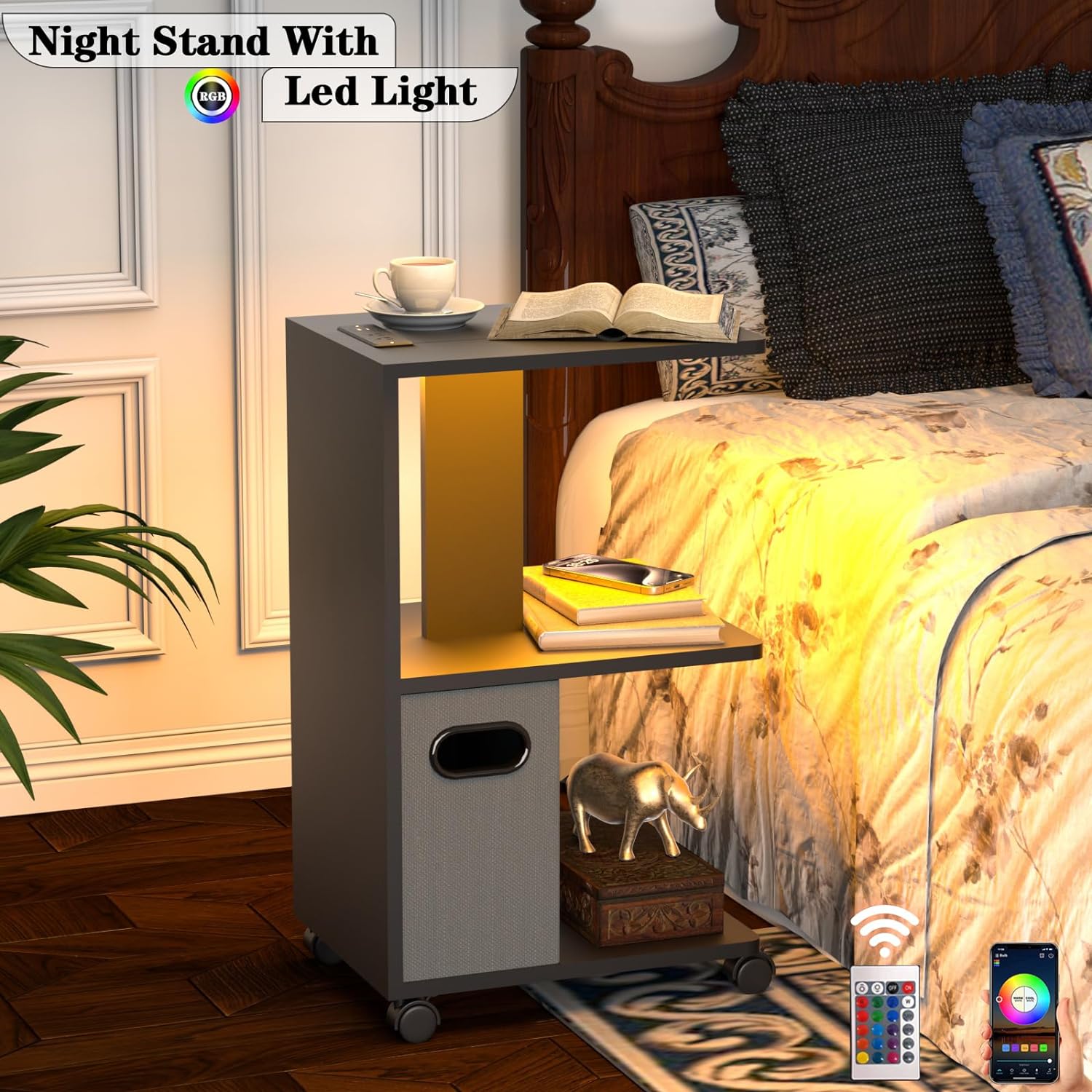Mesita de noche/mesita de noche pequeña para espacios pequeños, mesa auxiliar LED con estación de carga, mesa auxiliar enrollable para sala de estar...