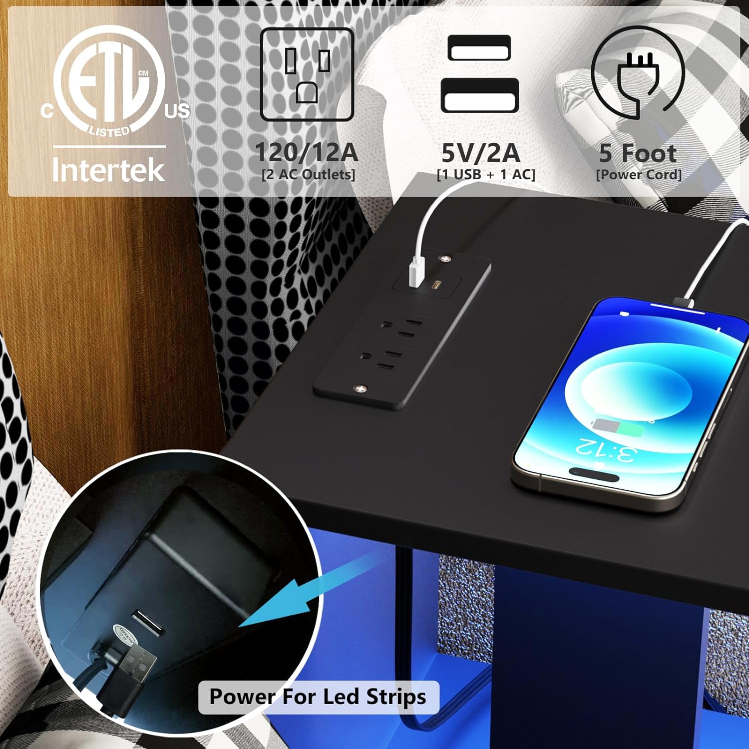 Mesita de noche/mesita de noche pequeña para espacios pequeños, mesa auxiliar LED con estación de carga, mesa auxiliar enrollable para sala de estar...