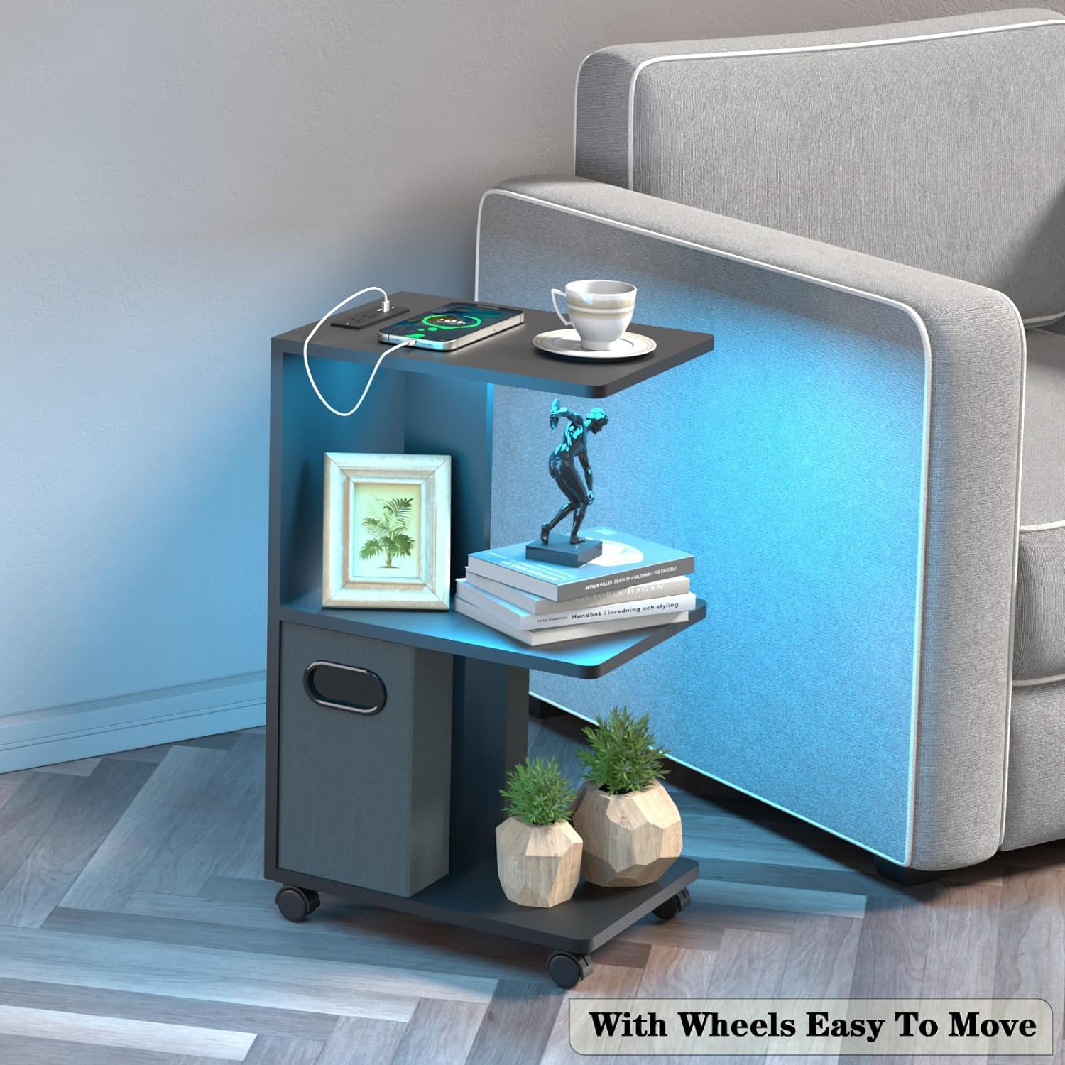 Mesita de noche/mesita de noche pequeña para espacios pequeños, mesa auxiliar LED con estación de carga, mesa auxiliar enrollable para sala de estar...
