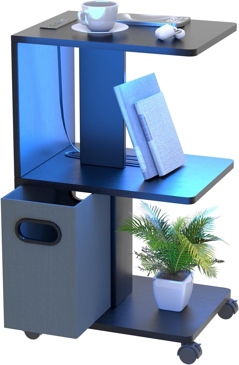 Mesita de noche/mesita de noche pequeña para espacios pequeños, mesa auxiliar LED con estación de carga, mesa auxiliar enrollable para sala de estar...