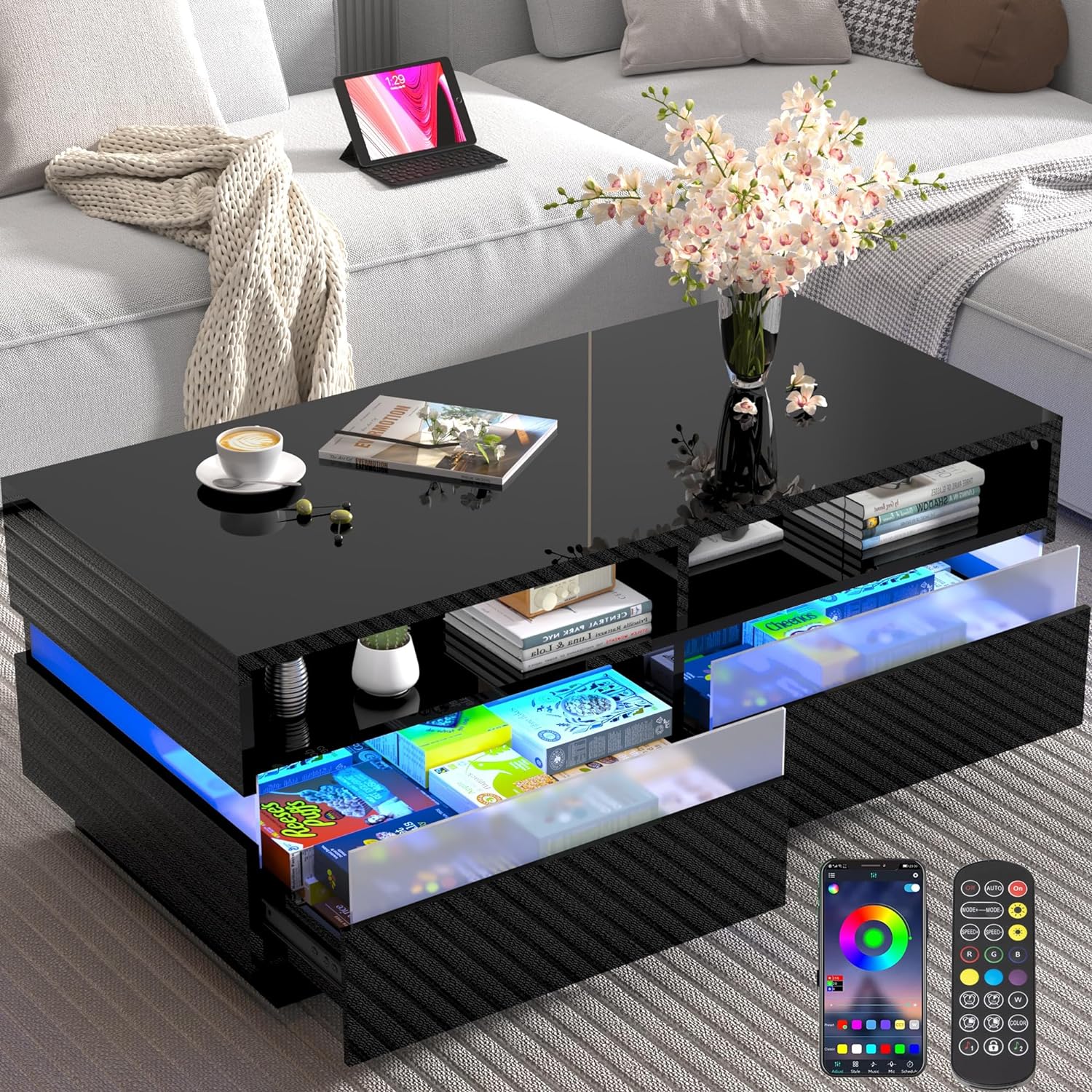 Moderna mesa de centro LED con 2 grandes cajones de almacenamiento, mesa auxiliar negra de 2 niveles de alto brillo con 60000 luces LED de color, control de aplicación, mesa central Negro de alto brillo