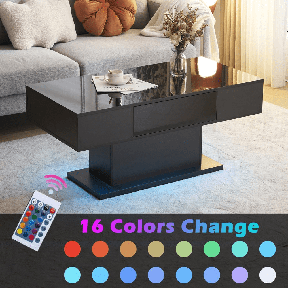 Mesa de centro LED con 1 cajón, mesa de cóctel de alto brillo, muebles decorativos para sala de estar, 43,3 pulgadas, negro