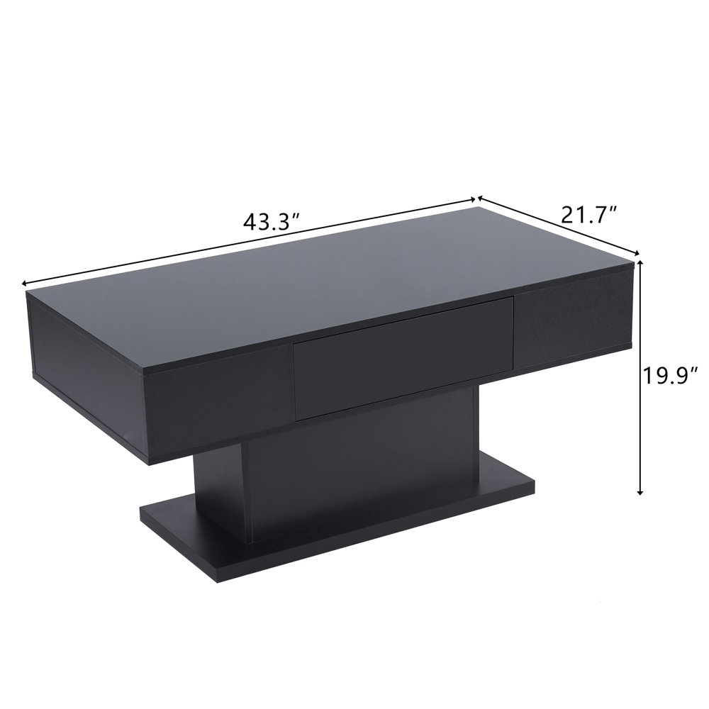 Mesa de centro LED con 1 cajón, mesa de cóctel de alto brillo, muebles decorativos para sala de estar, 43,3 pulgadas, negro