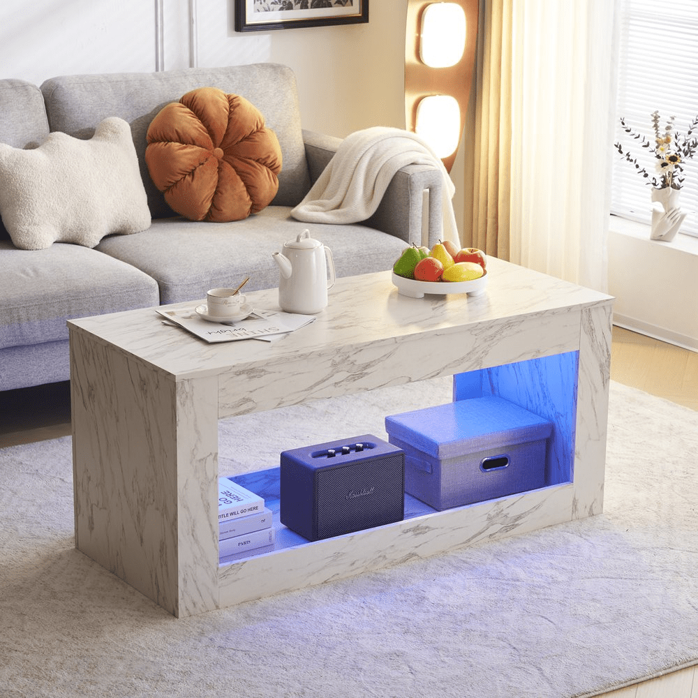Mesa de centro LED con 1 cajón, mesa de cóctel de alto brillo, muebles decorativos para sala de estar, 43,3 pulgadas, negro