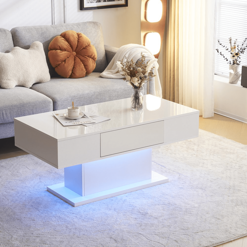 Mesa de centro LED con 1 cajón, mesa de cóctel de alto brillo, muebles decorativos para sala de estar, 43,3 pulgadas, negro