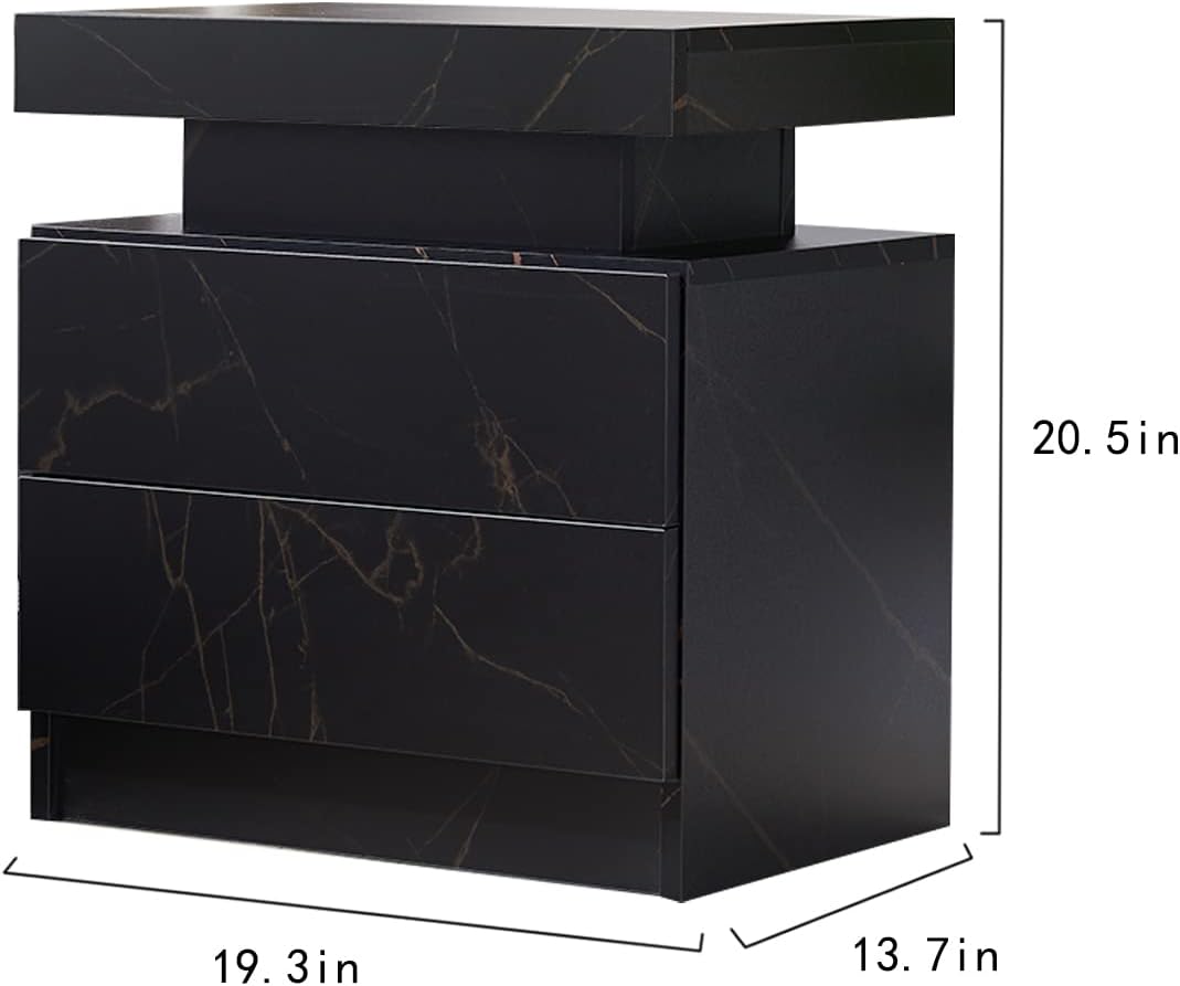 Juego de mesita de noche con 2 LED y 2 cajones, mesita de noche con cajones para dormitorio, mesa auxiliar con luz LED