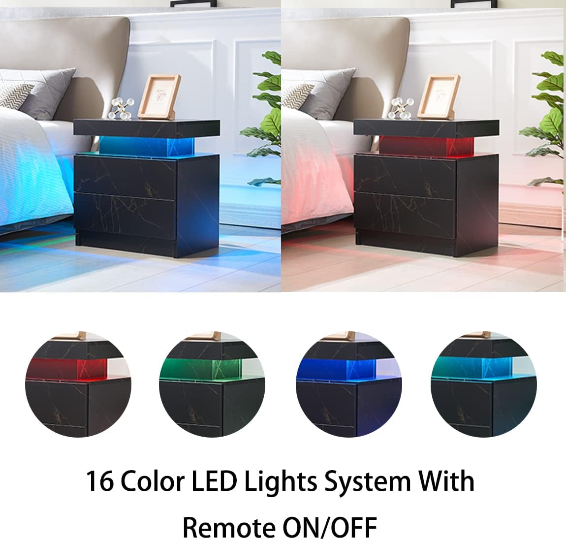 Juego de mesita de noche con 2 LED y 2 cajones, mesita de noche con cajones para dormitorio, mesa auxiliar con luz LED