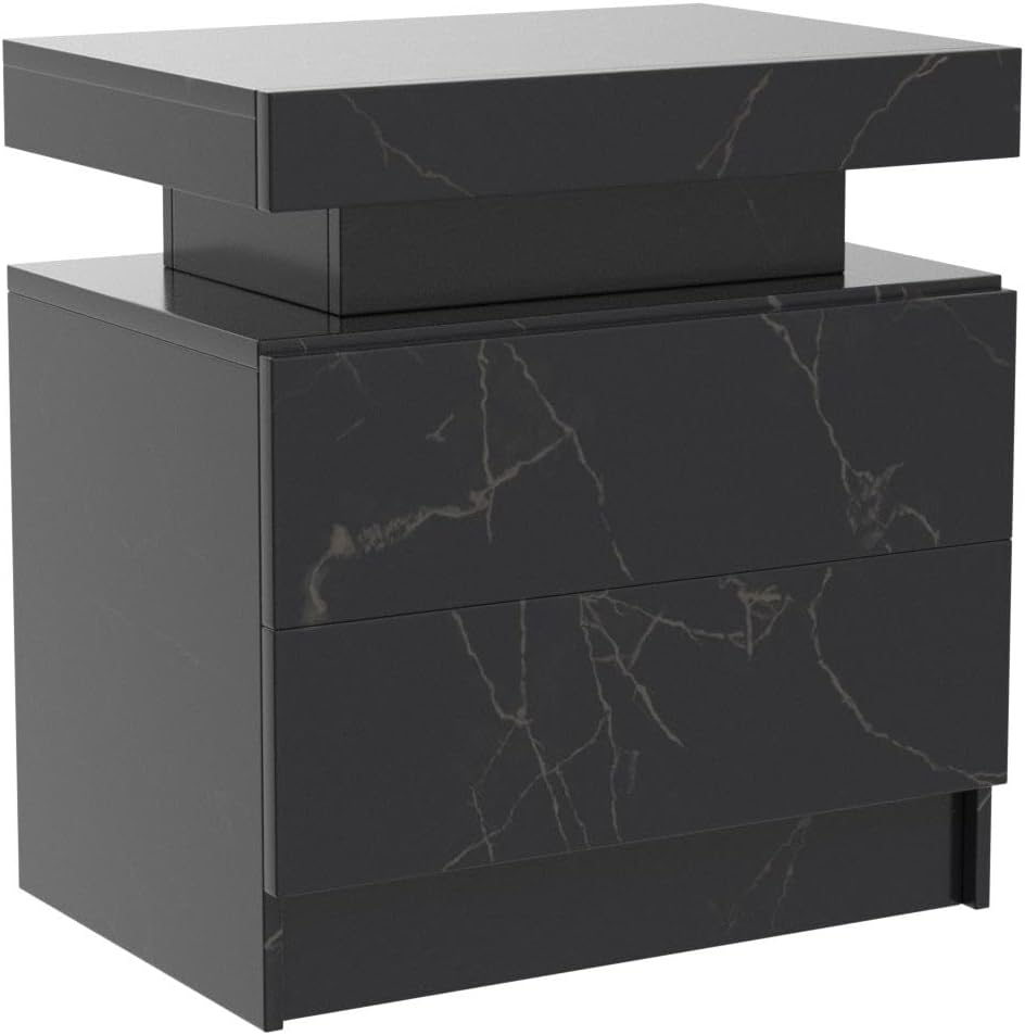 Juego de mesita de noche con 2 LED y 2 cajones, mesita de noche con cajones para dormitorio, mesa auxiliar con luz LED