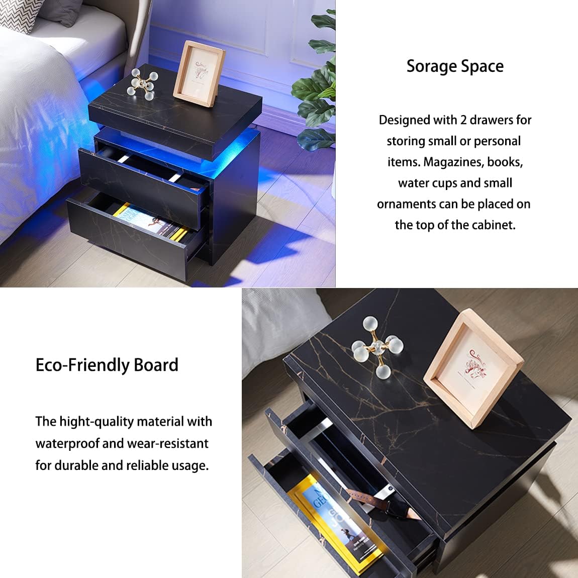 Juego de mesita de noche con 2 LED y 2 cajones, mesita de noche con cajones para dormitorio, mesa auxiliar con luz LED