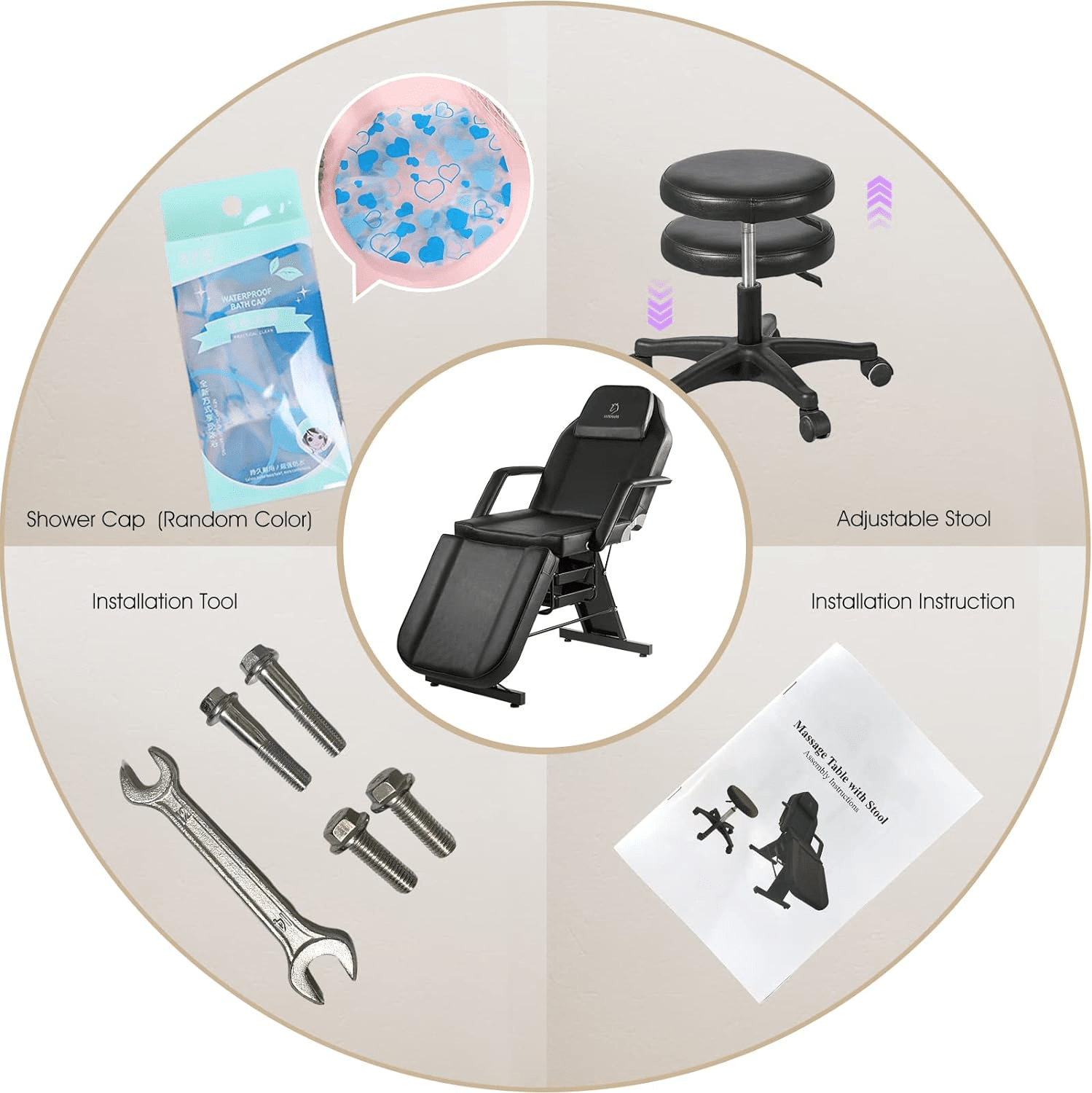 Camilla de Masajes con banqueta para salones de Belleza.